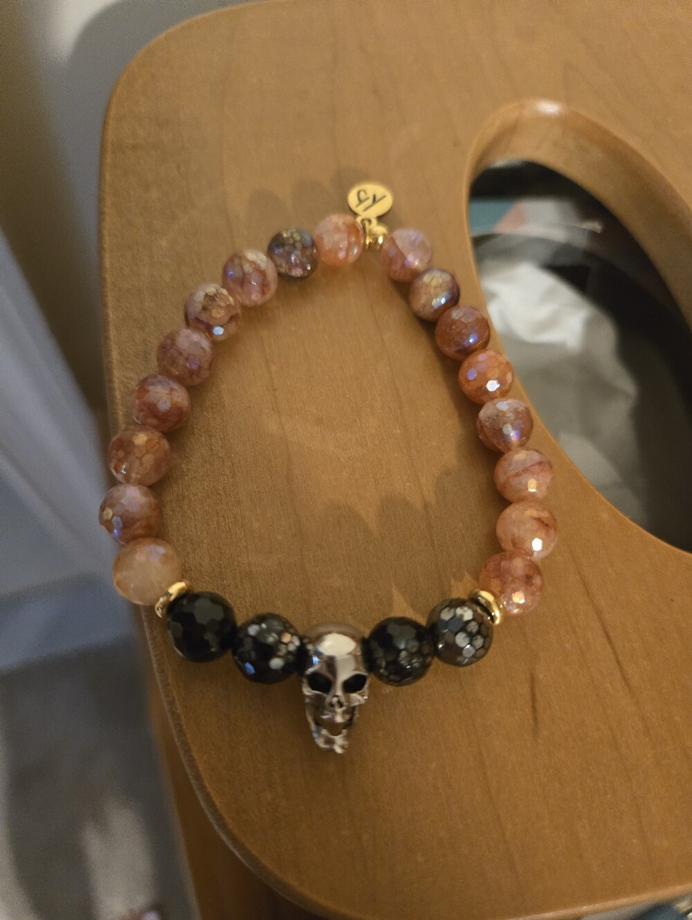 Tjazelle Silver Skull, Brown And Black Beaded Bracelet